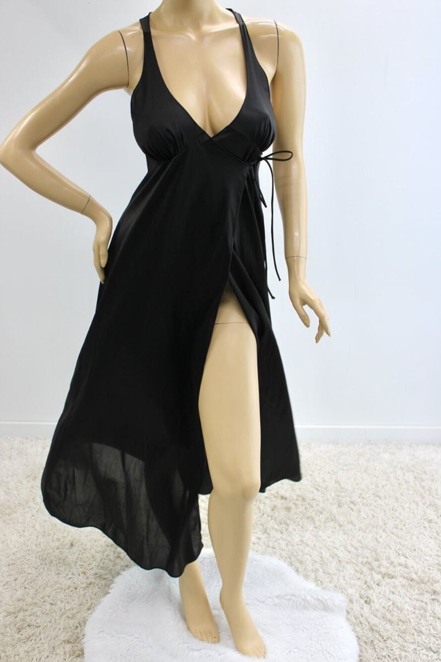 VTG Long Wrap Style Nightgown Vanity Fair Black Nylon size 36 M Gothic Witchy